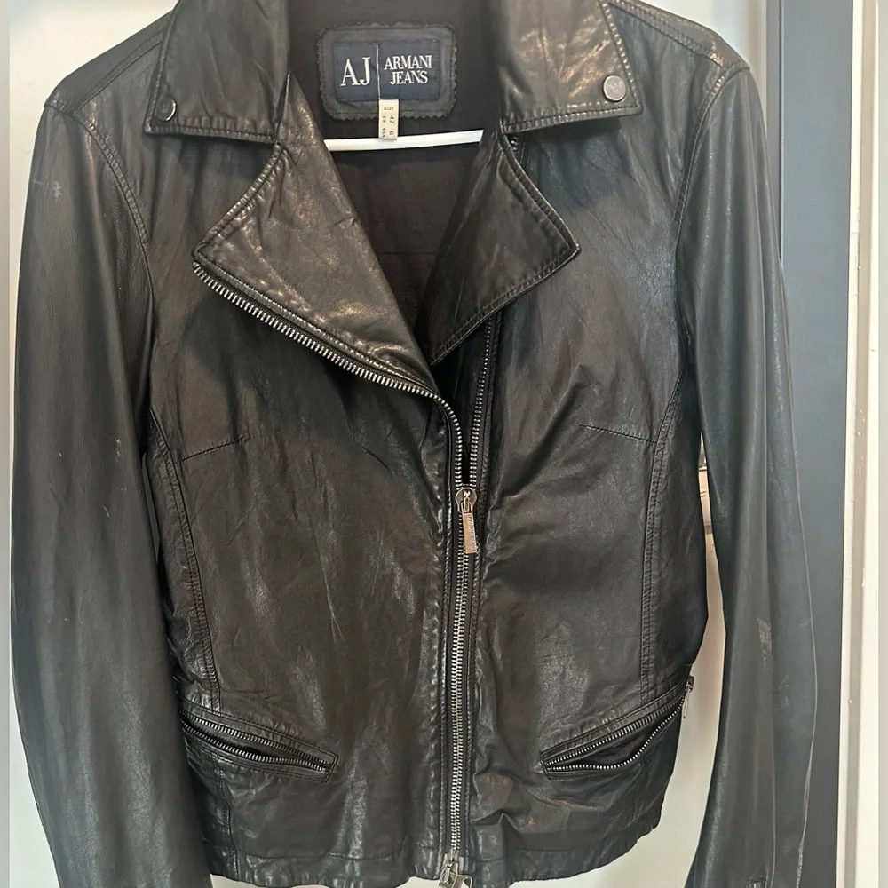 Armani Jeans Black Leather Motorcycle Jacket, Women's Size 6 - Picture 15 of 16